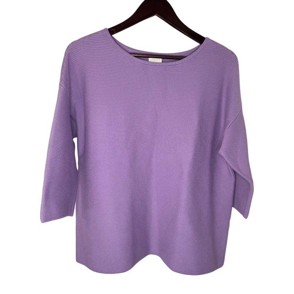 Chicos Boxy Ribbed Boat-Neck Knit Pullover Top Lavender Size 3 (XL) 3/4 Sleeve